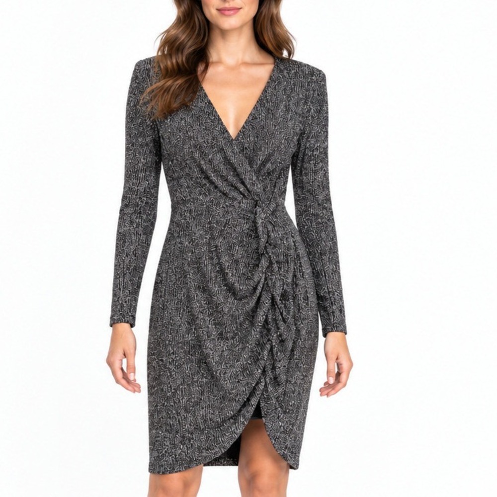 Betsey Johnson Silver Metallic XS Ruched Wrap Mini Dress Long Sleeve Padded NWOT